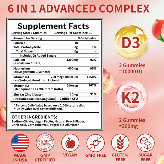 Close-up of peach-flavored calcium gummies