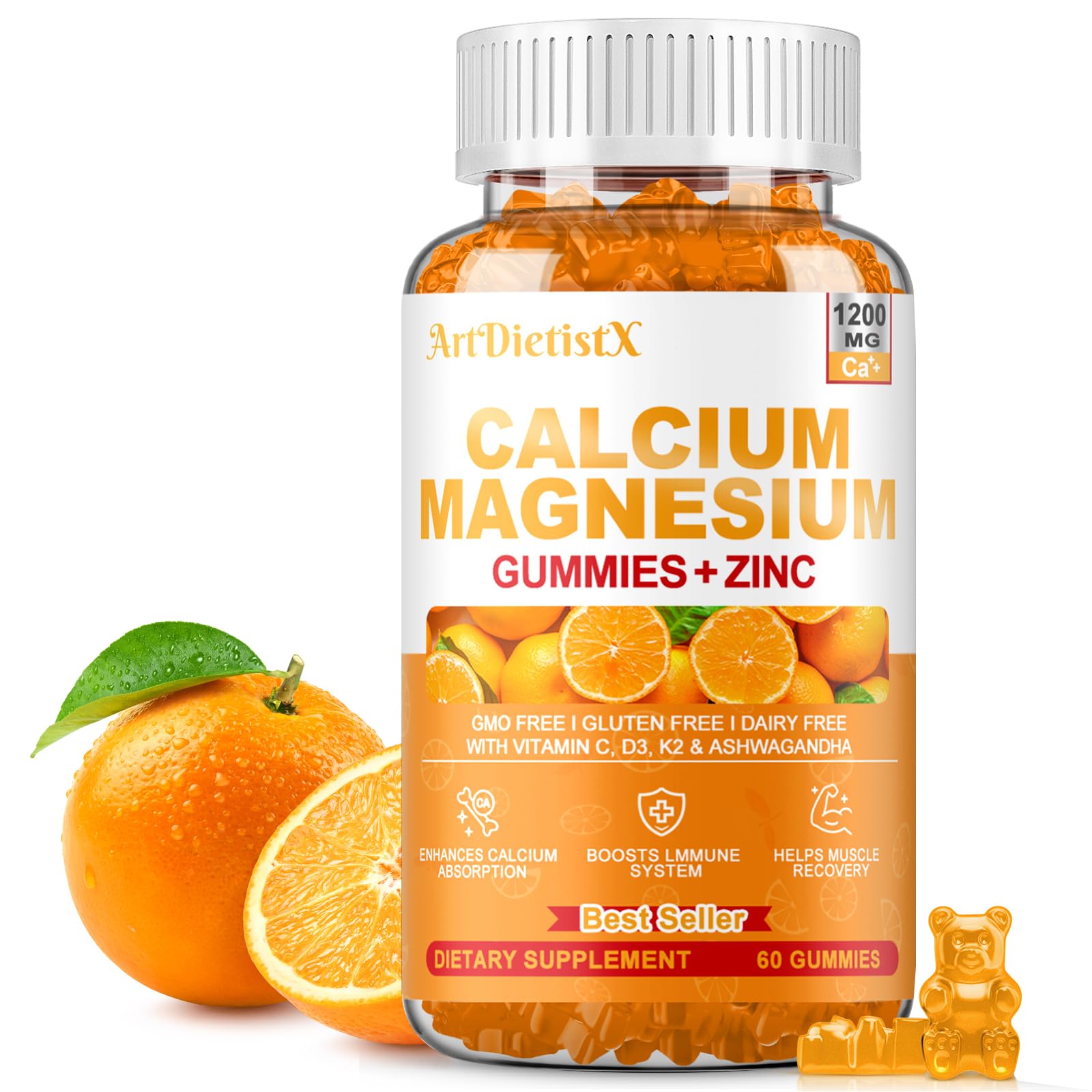 Front view of bottle of 1200mg Calcium Gummies with Vitamin D3 for adults