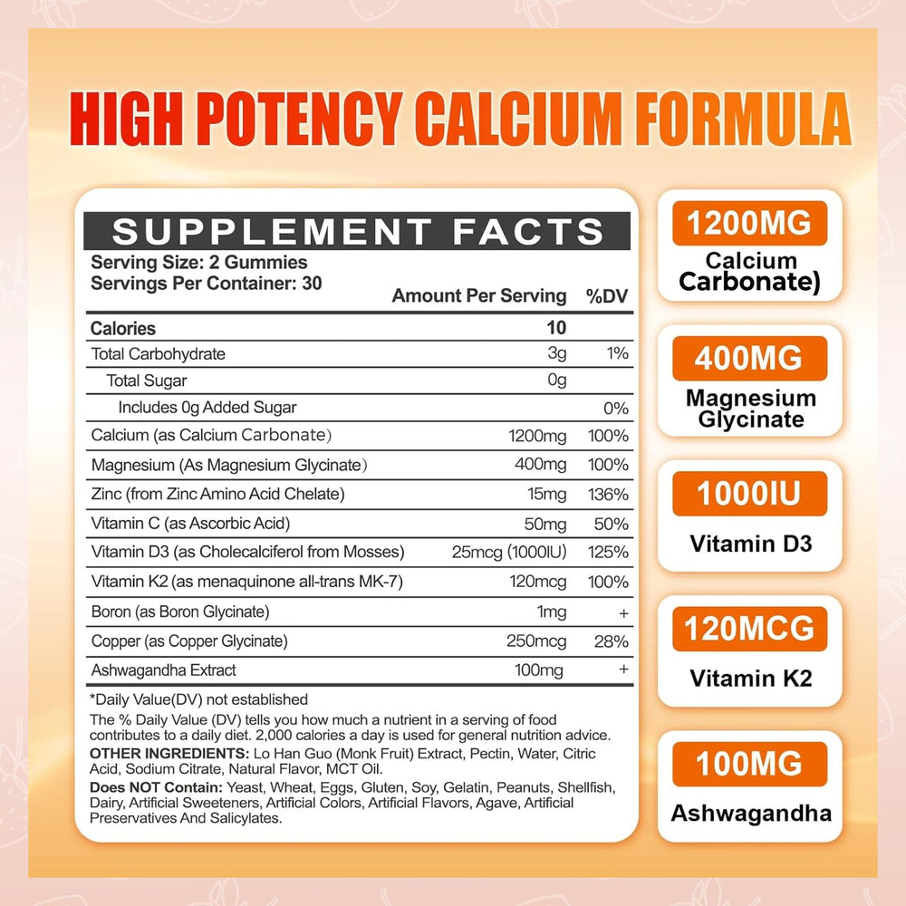 Orange-flavored sugar-free calcium magnesium zinc gummies in bottle