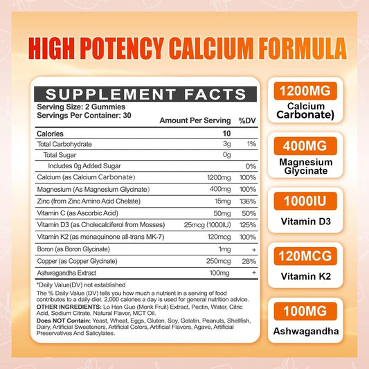 Orange-flavored sugar-free calcium magnesium zinc gummies in bottle