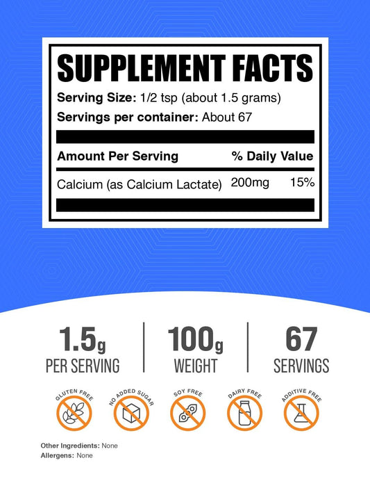 Serving scoop of Calcium Lactate Powder showing 1.5g serving