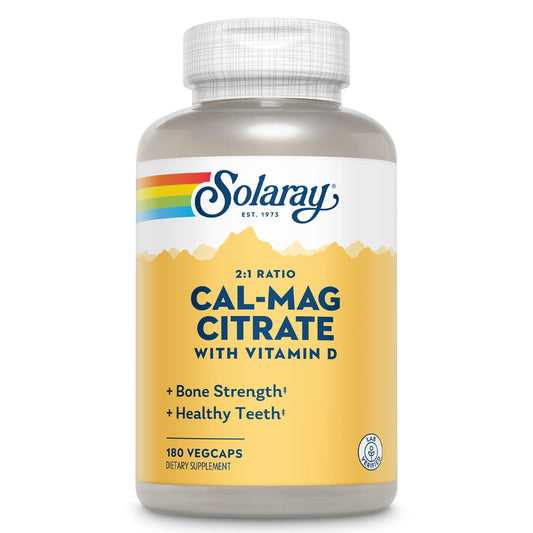 SOLARAY Cal/Mag Citrate bottle label showing 2:1 ratio and Vitamin D-3