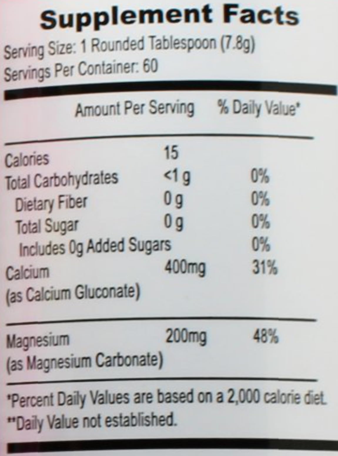 Nutrition facts label showing 400 mg Calcium and 200 mg Magnesium per serving