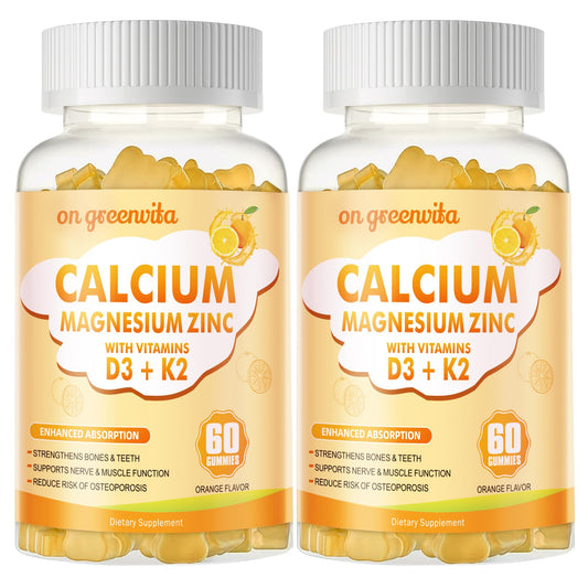 Bottle of Calcium Magnesium Zinc Gummies with Vitamin D3 & K2 in orange flavor