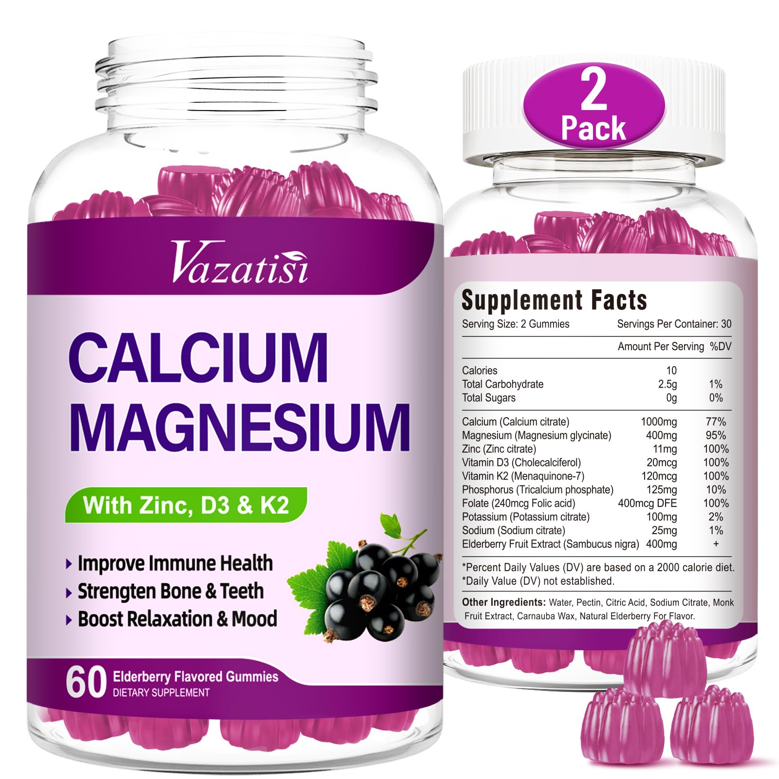 Calcium Magnesium Zinc Gummies bottle label with Elderberry flavor