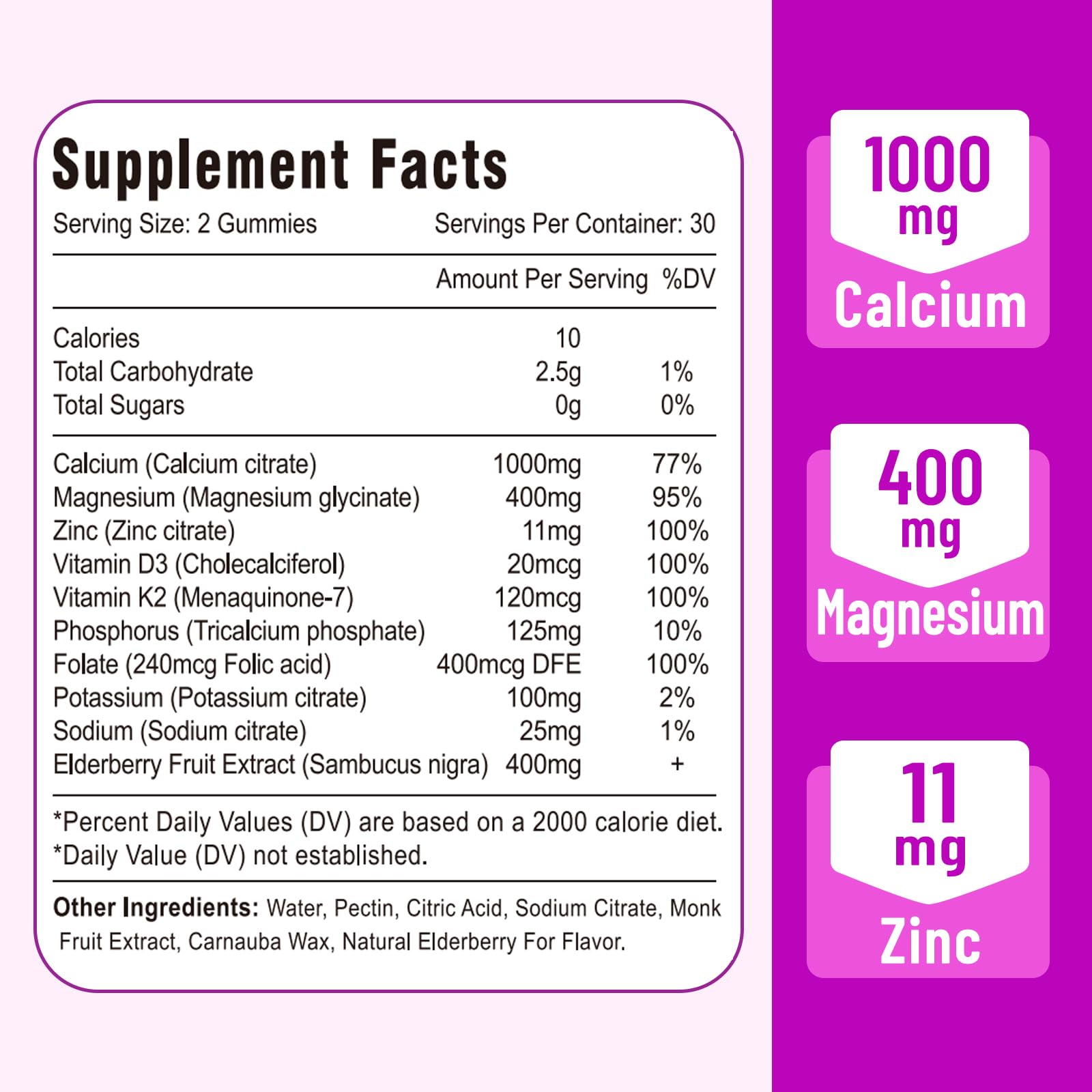 Two elderberry-flavored gummies on white background