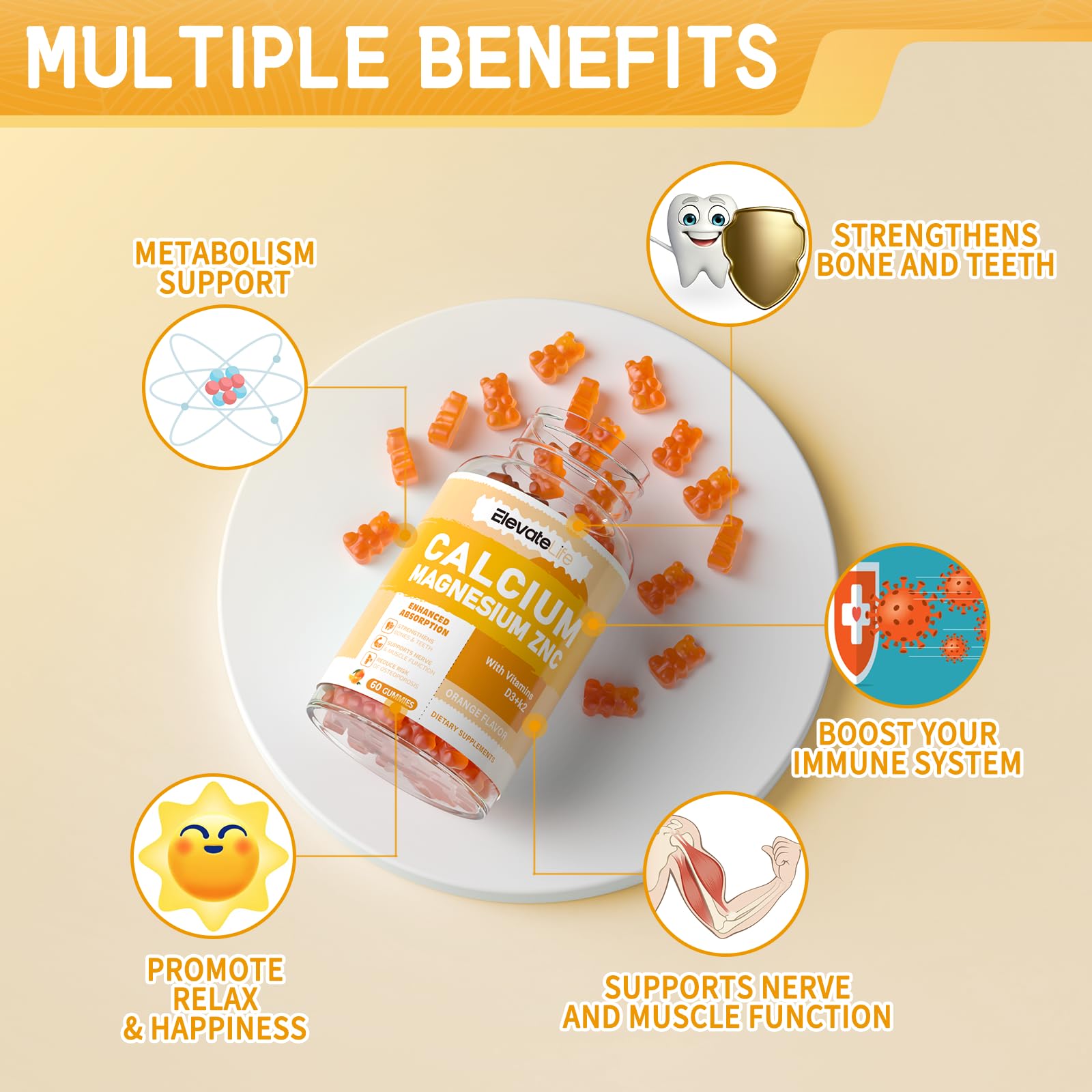 Gummies product packaging for calcium magnesium zinc with D3 and K2