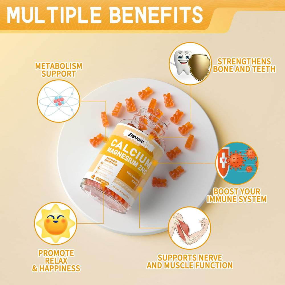 Gummies product packaging for calcium magnesium zinc with D3 and K2