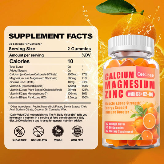 Supplement facts panel for Calcium Magnesium Zinc Gummies