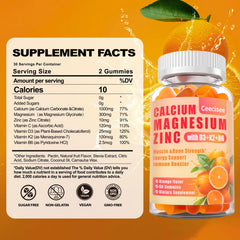 Supplement facts panel for Calcium Magnesium Zinc Gummies