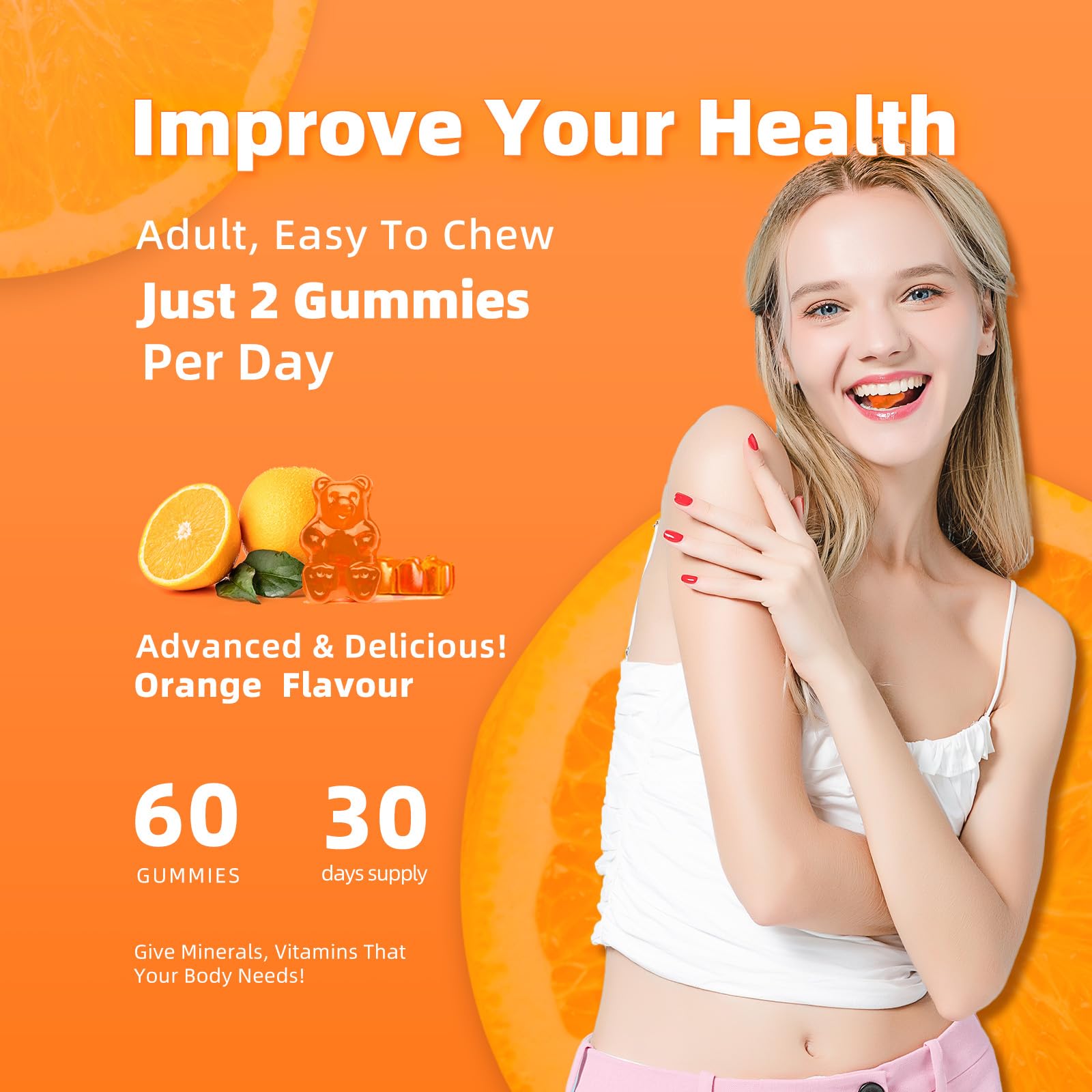 Orange-berry flavored gummies package on display