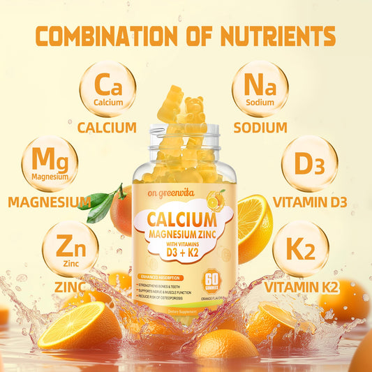 Close-up of orange gummy showing calcium magnesium zinc content