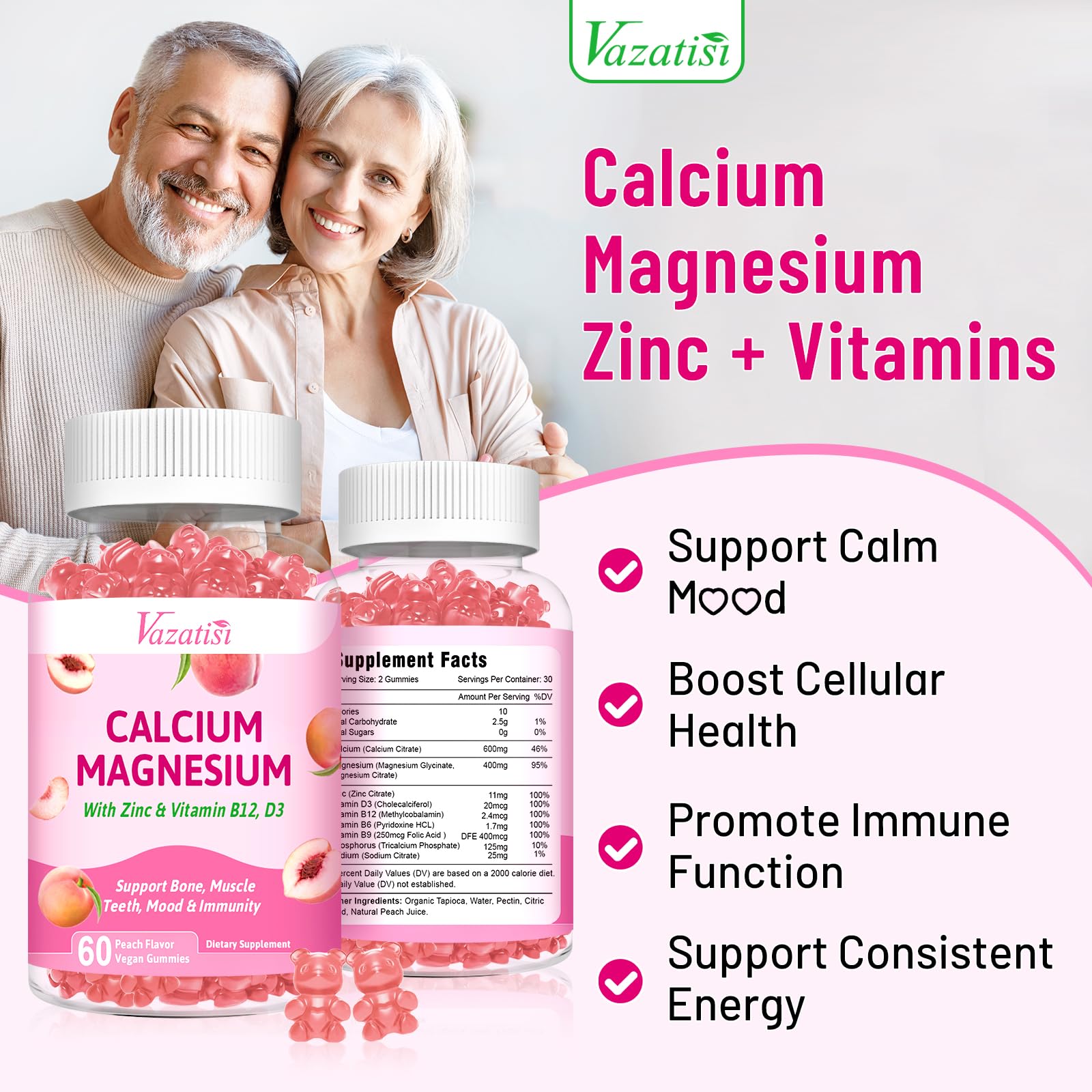 Close-up of peach-flavored chewable gummies with vitamin D3 and B12