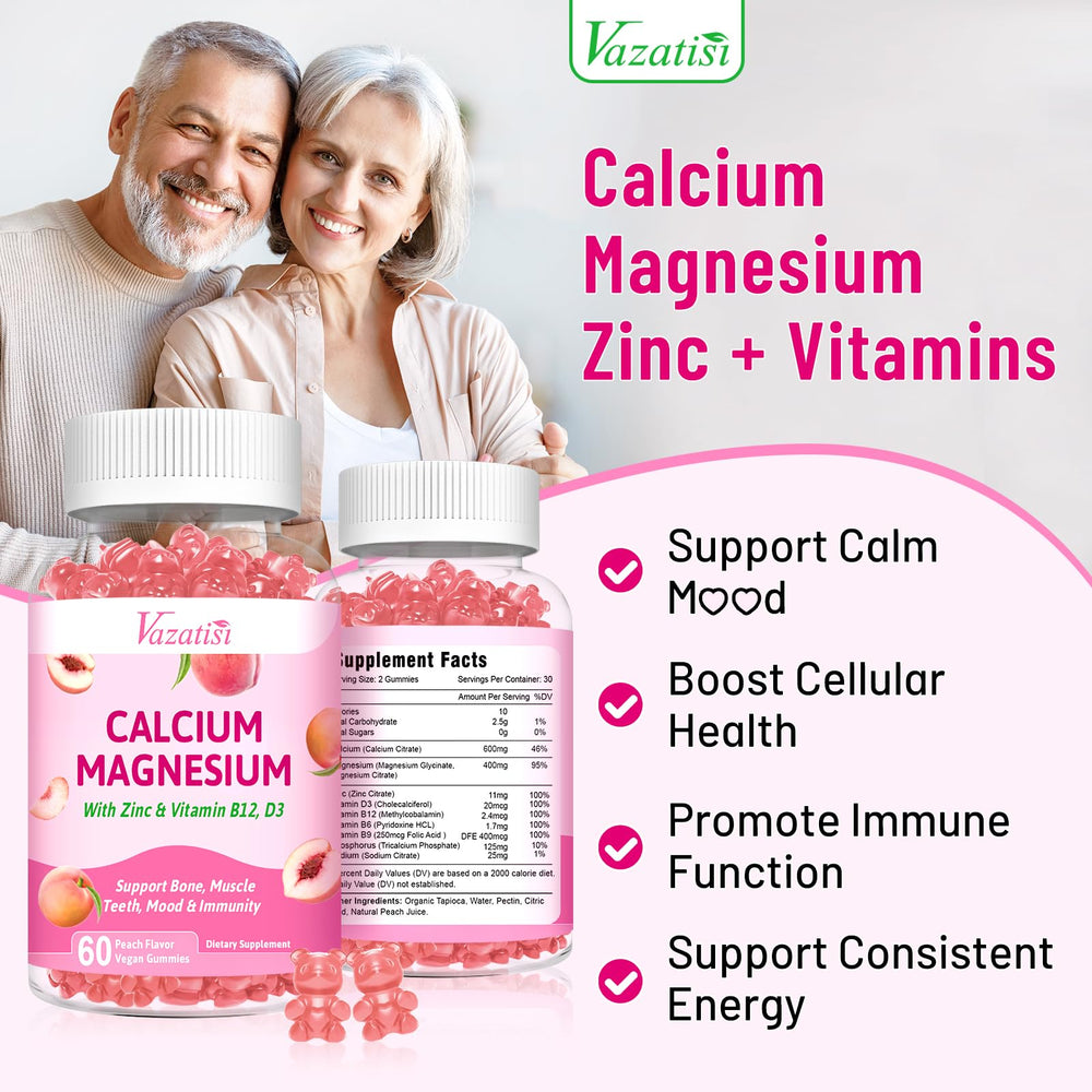 Close-up of peach-flavored chewable gummies with vitamin D3 and B12