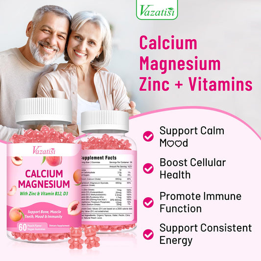 Close-up of peach-flavored chewable gummies with vitamin D3 and B12