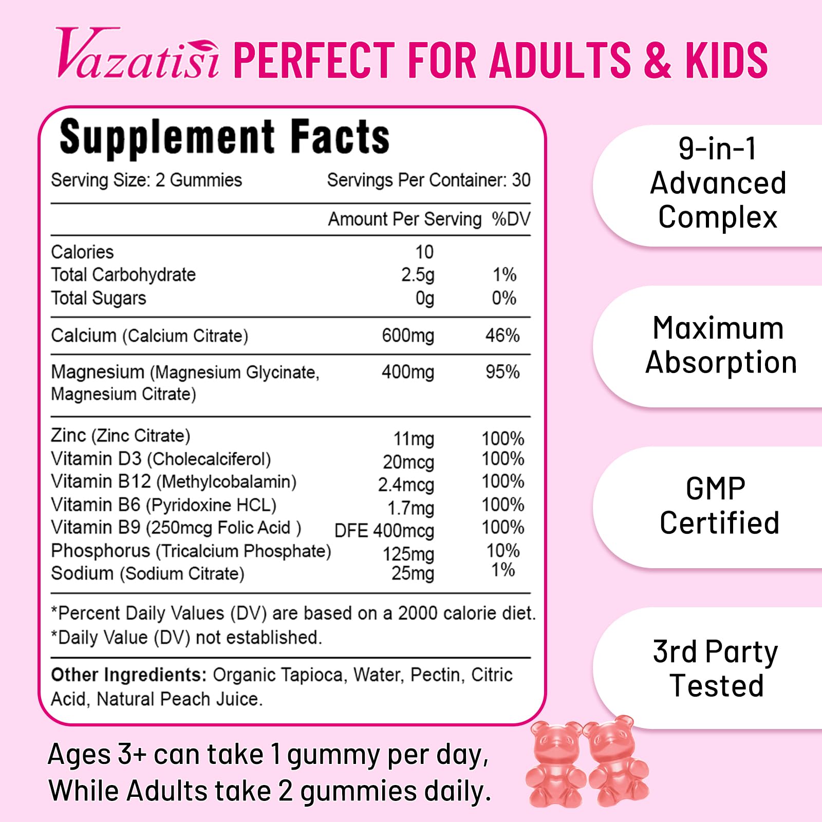 Supplement facts panel for Vazatisi gummies