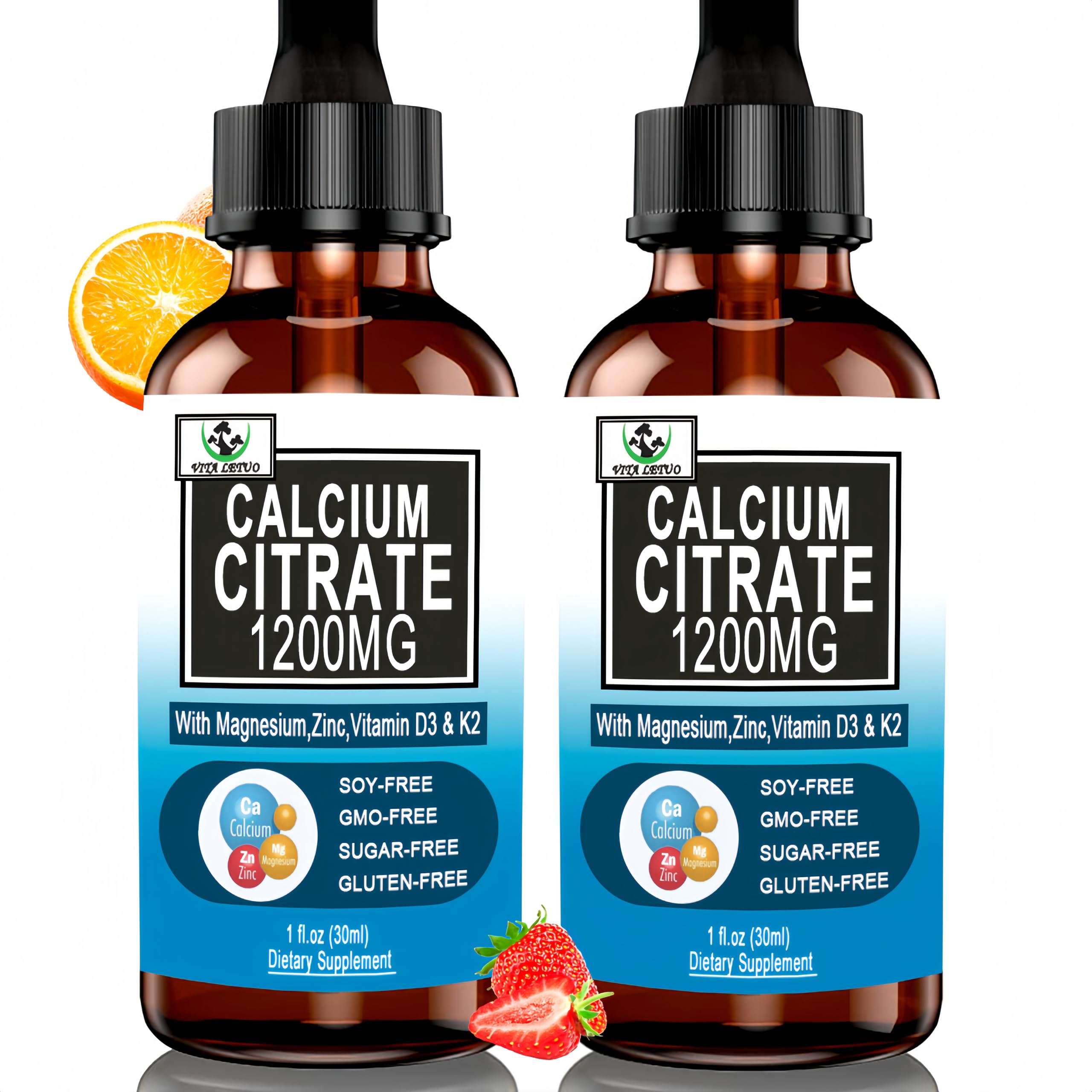 Front view of the 2 pack calcium liquid drops bottle