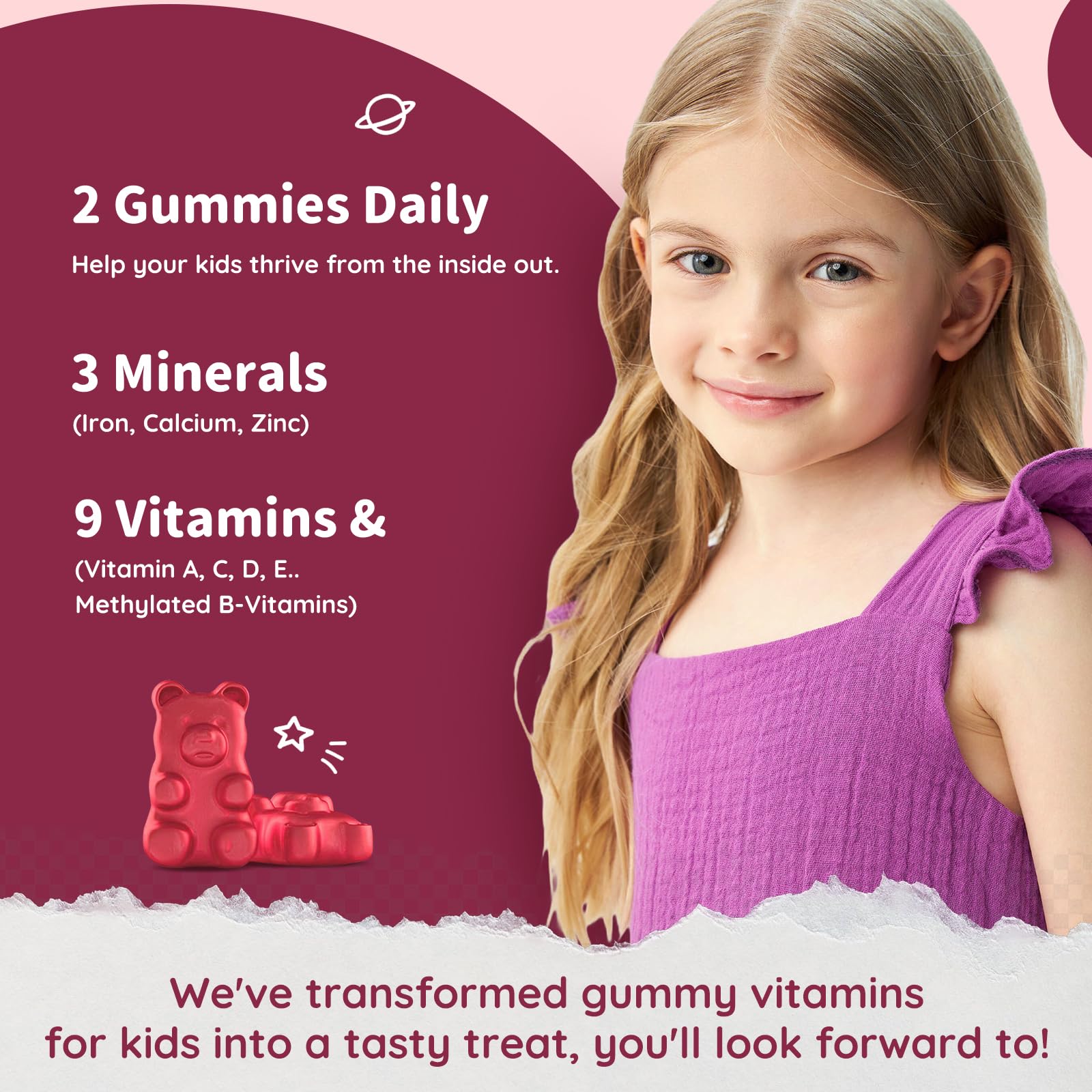 Calcium, zinc and iron gummies for kids on a white background