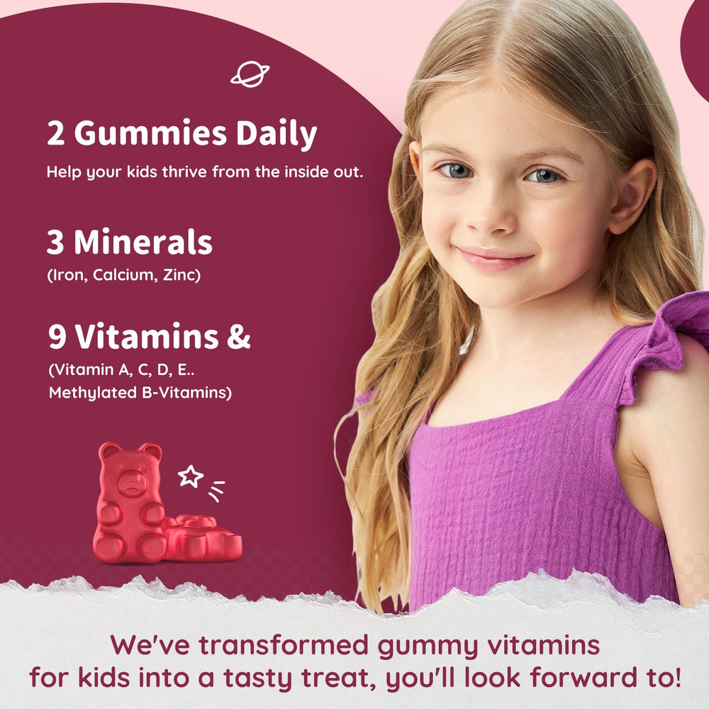 Calcium, zinc and iron gummies for kids on a white background