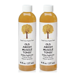 Caleb Treeze Old Amish Muscle Tonic bottle on bedside table ready for cramp relief.