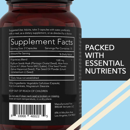 Ingredients image showing psyllium husk, chia seed, and flaxseed