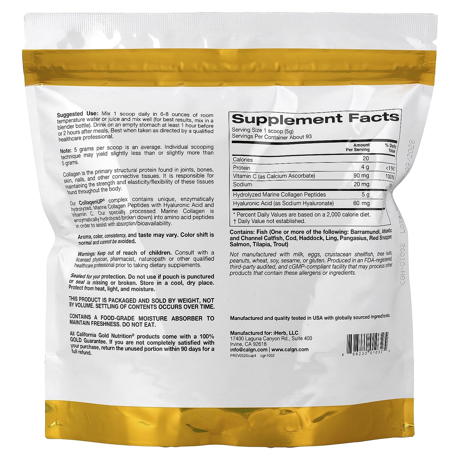 California Gold Nutrition CollagenUP ingredients icons highlight hyaluronic acid and vitamin C.