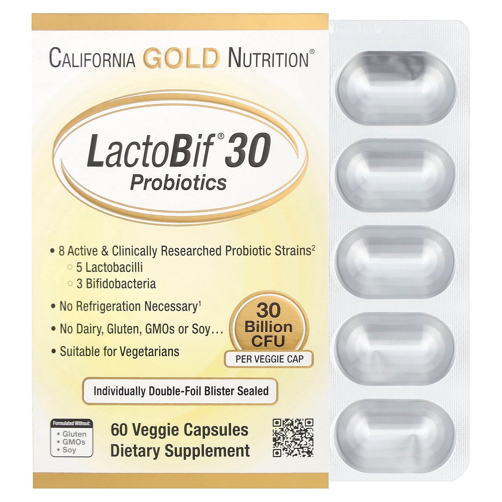 Bottle of California Gold Nutrition LactoBif 30 Probiotics 60 Veggie Capsules