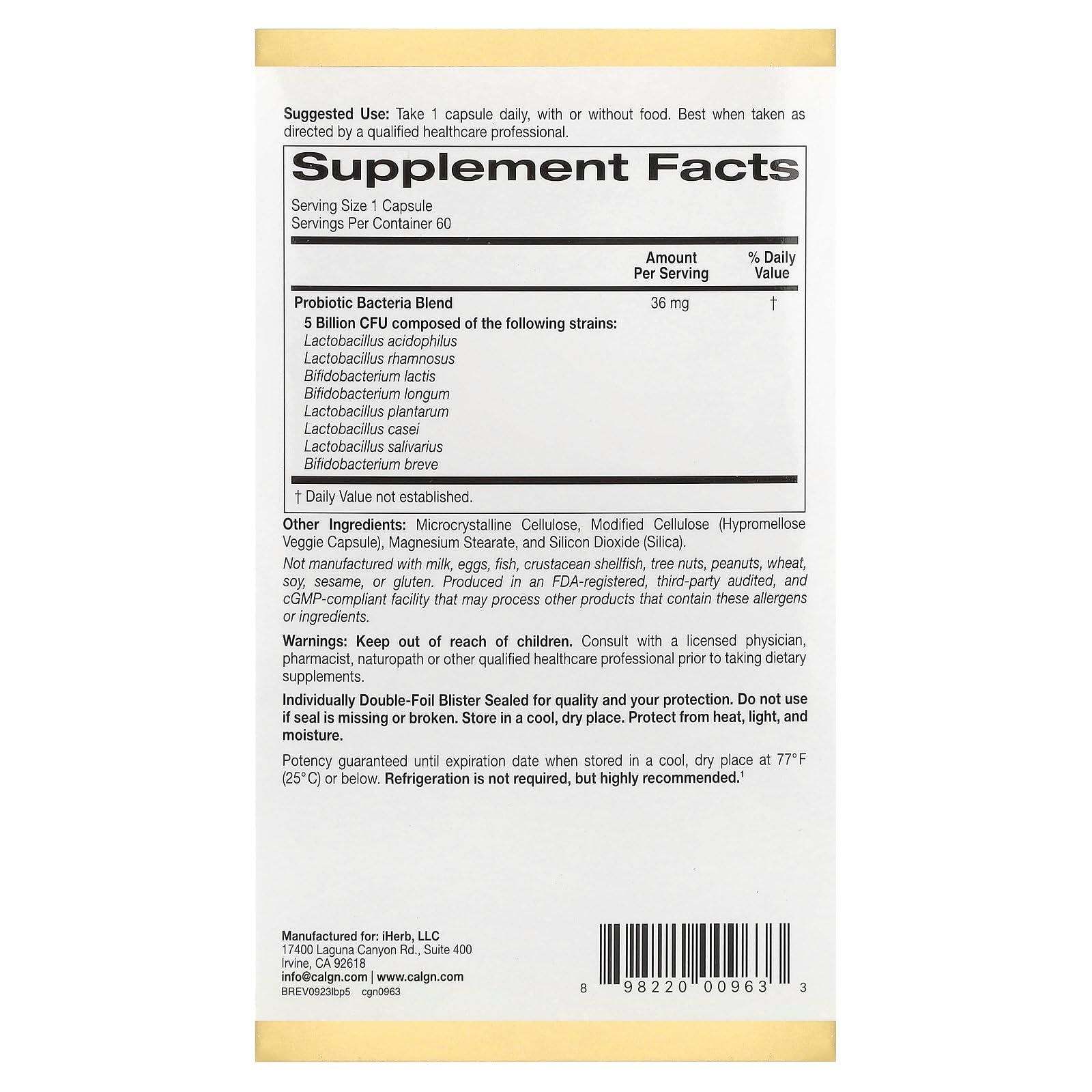 LactoBif 5 Probiotics bottle label highlighting 5 Billion CFU and 8 strains