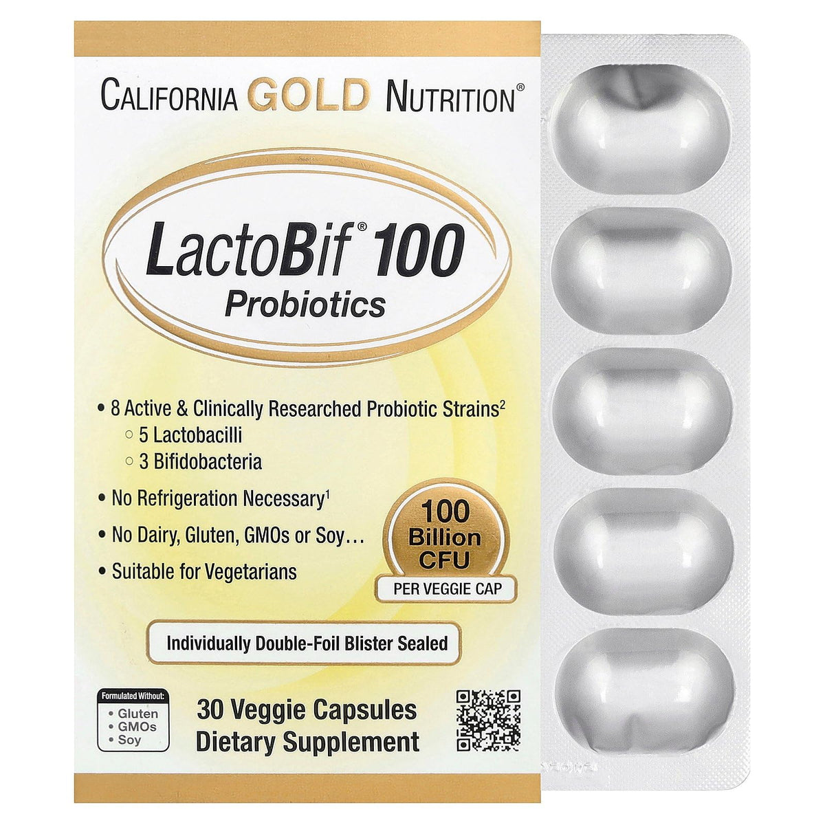 California Gold Nutrition LactoBif Probiotics bottle with 30 vegetarian capsules