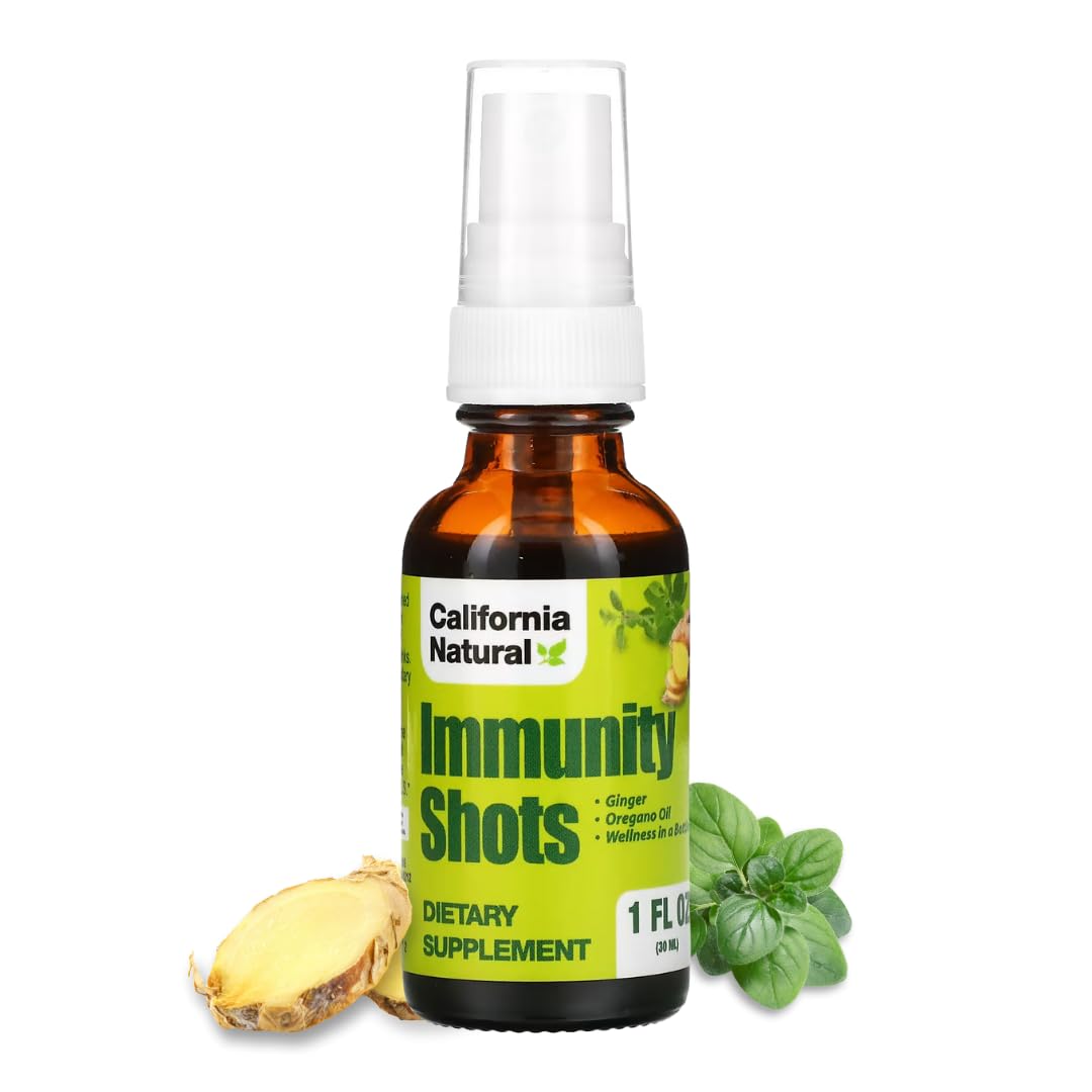 1oz bottle of California Immunity Shots with ginger and oregano