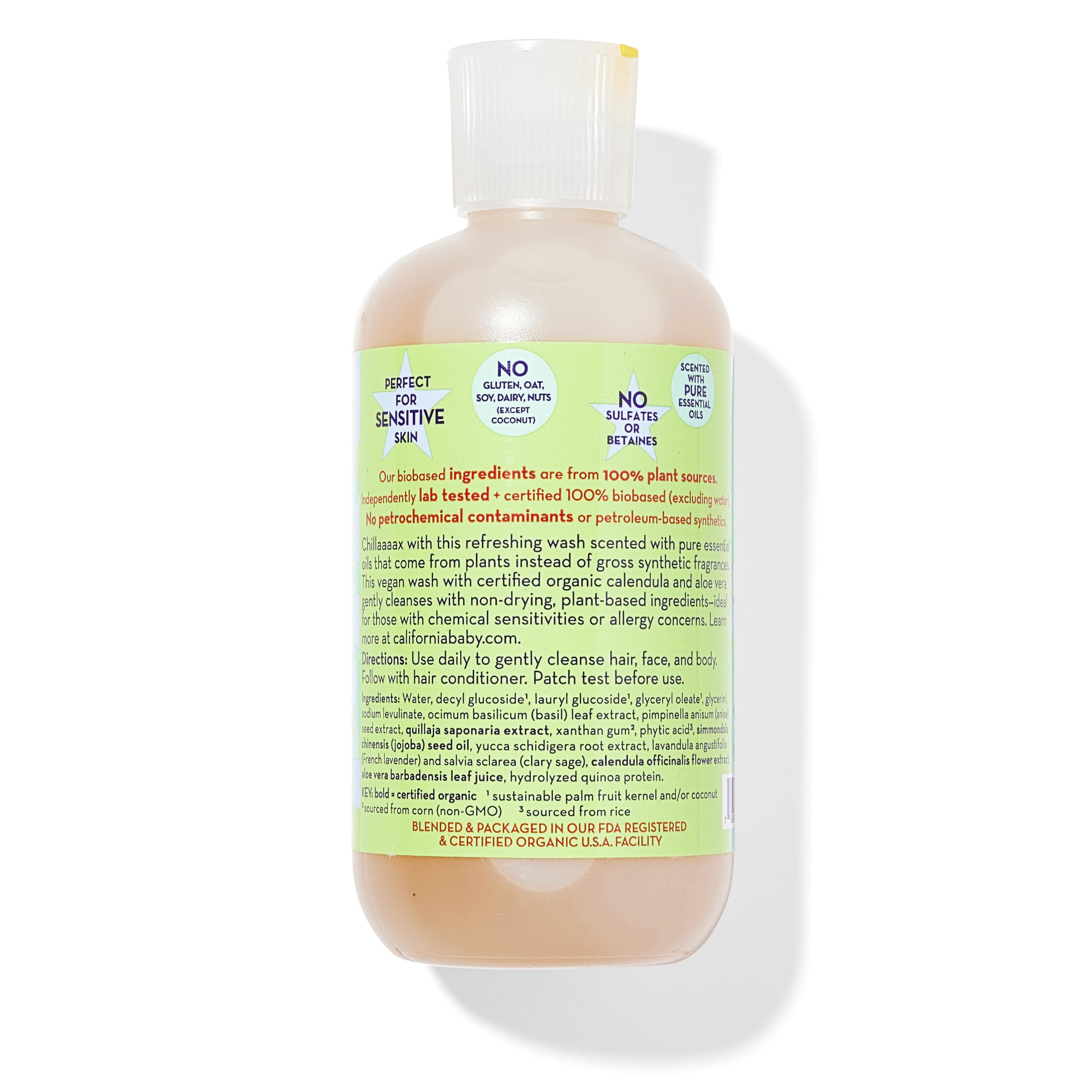 Close-up of label highlighting 100% plant-based formula and hypoallergenic