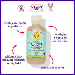 Bottle with lavender sprigs and soft lavender background