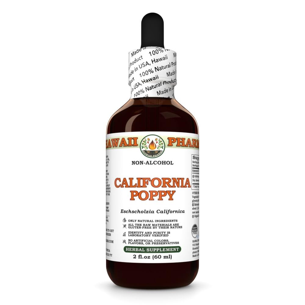 HawaiiPharm California Poppy Alcohol-Free Liquid Extract bottle with dropper (2 oz)