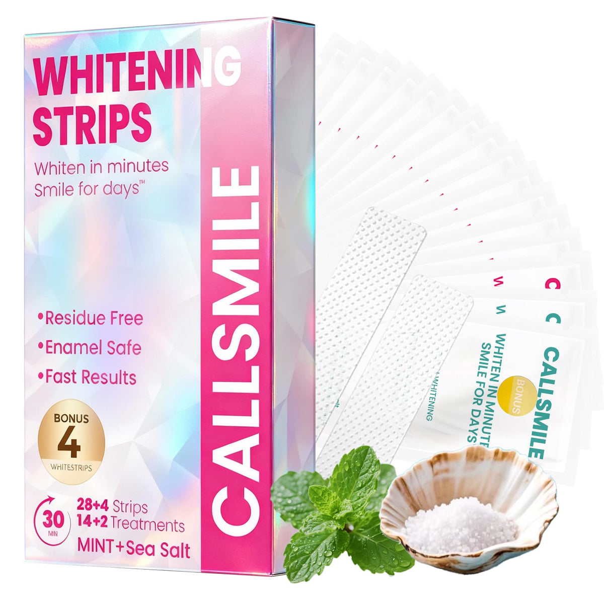 Packaging of CALLSMILE Teeth Whitening Strips Kit with 16 treatments