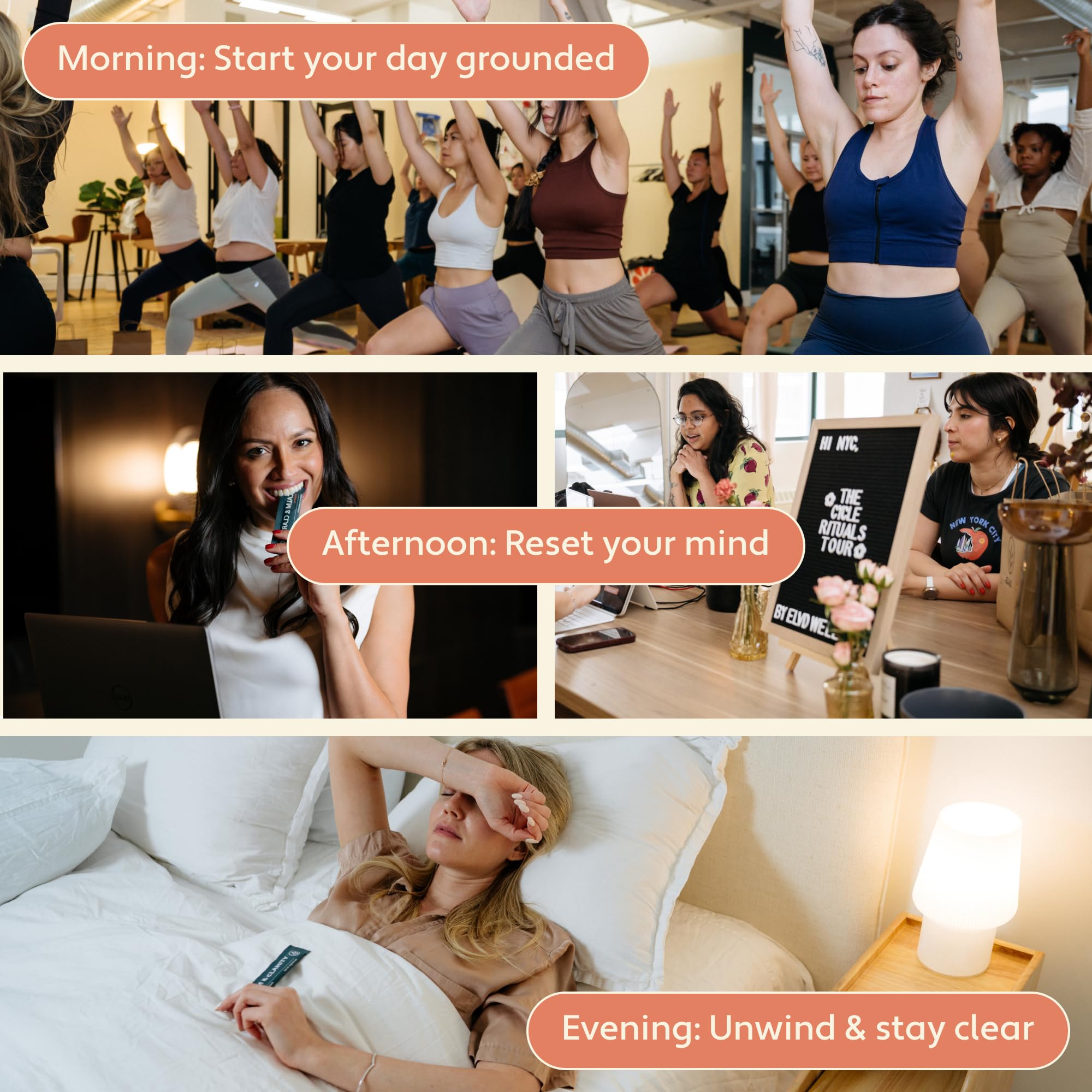 On-the-go Calm & Clarity sachets in a travel setting