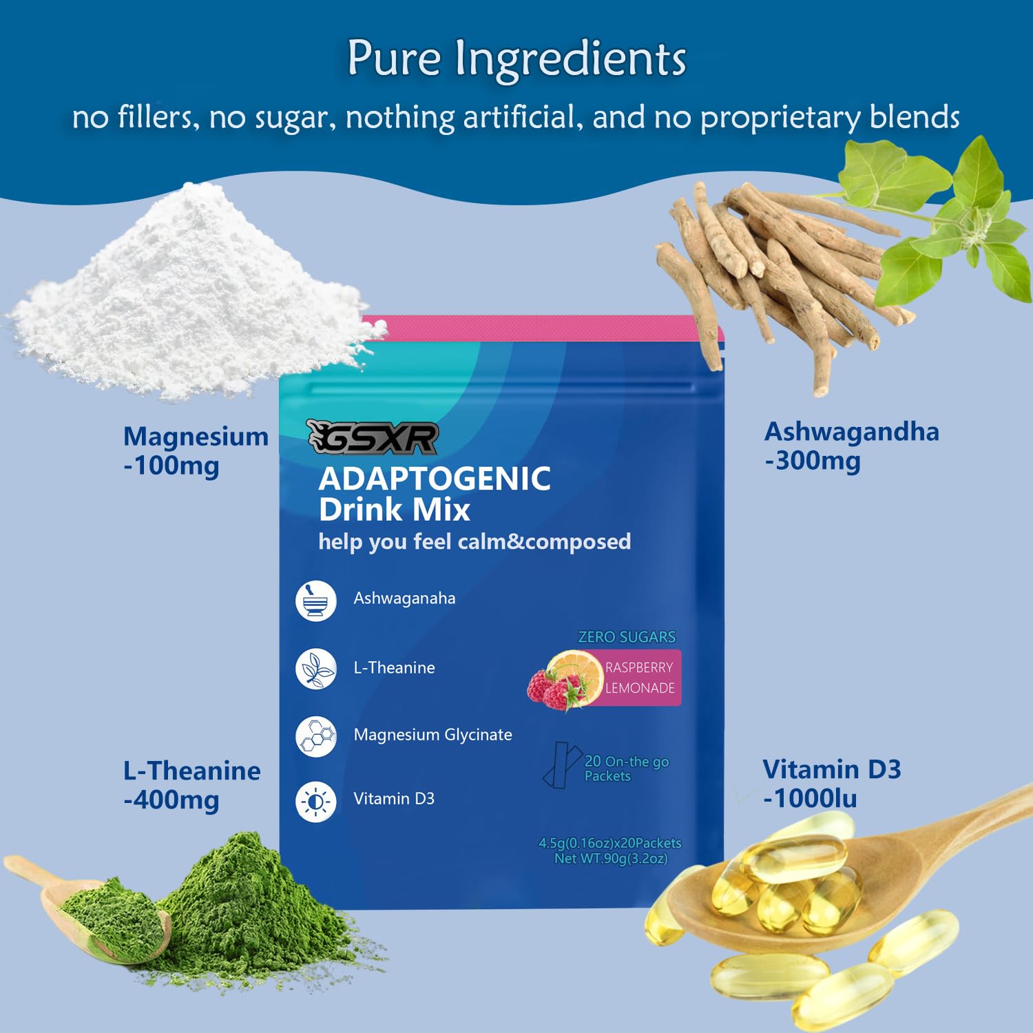 Close-up of Calm drink mix ingredients: ashwagandha, L-Theanine, Vitamin D3