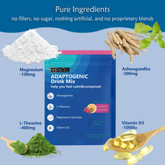Close-up of Calm drink mix ingredients: ashwagandha, L-Theanine, Vitamin D3