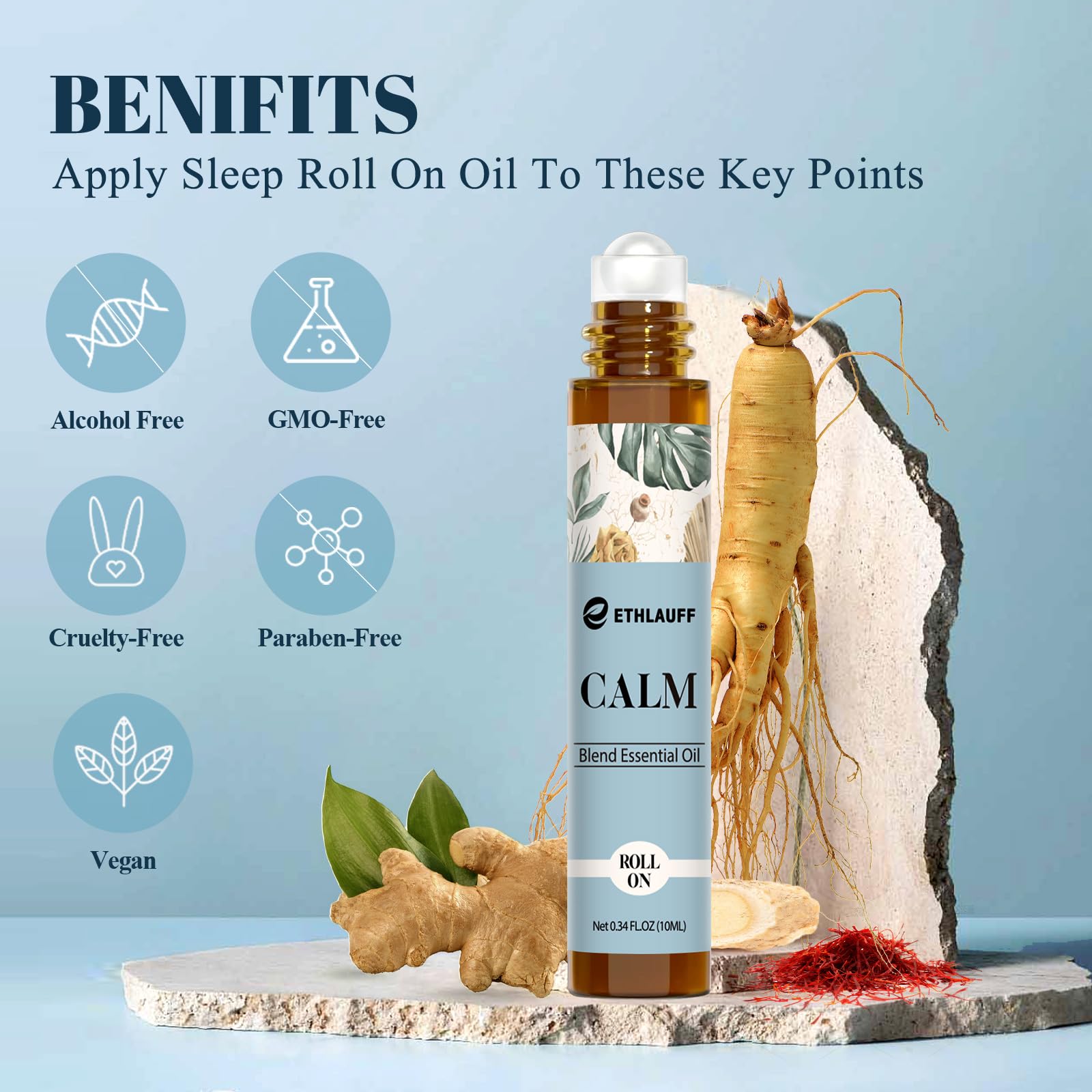 Travel-size Calm Essential Oil Roll-On beside a passport for travel