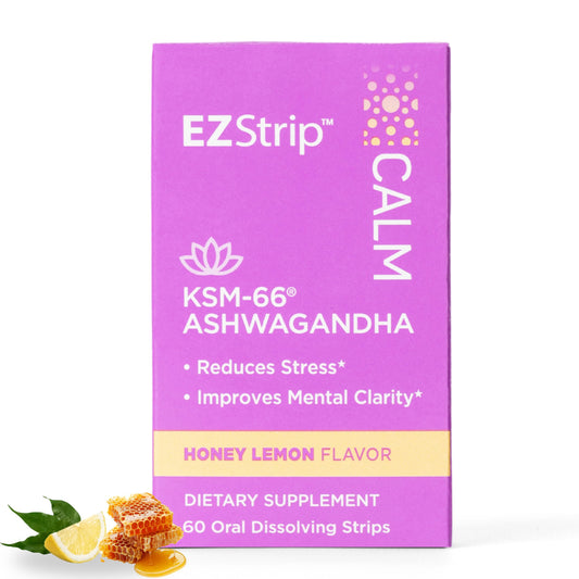 Front view of Calm KSM-66 Ashwagandha oral strips packaging