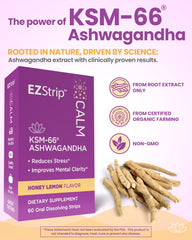 Close-up label of Calm KSM-66 Ashwagandha strips packaging