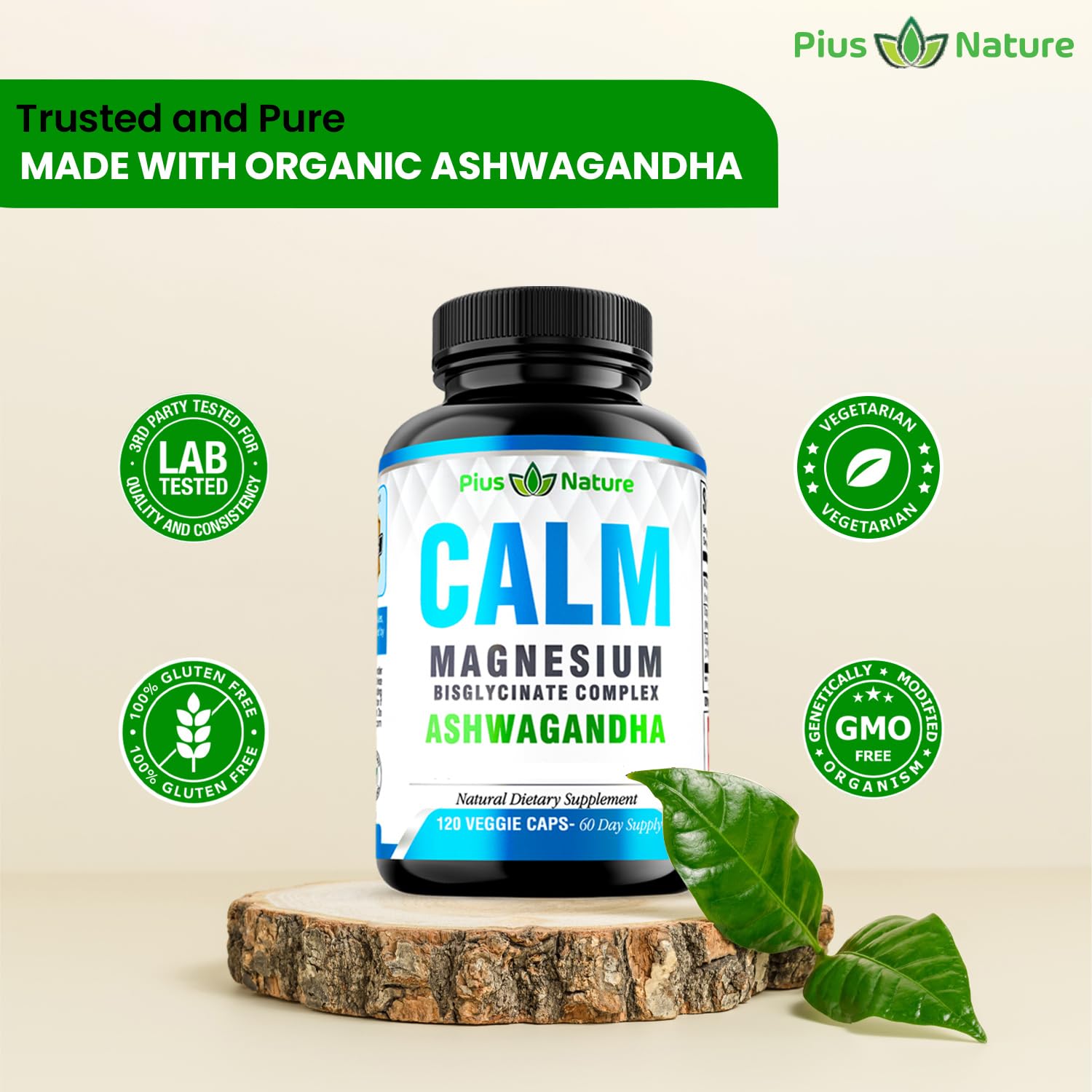 Calm supplement capsules arranged in a row