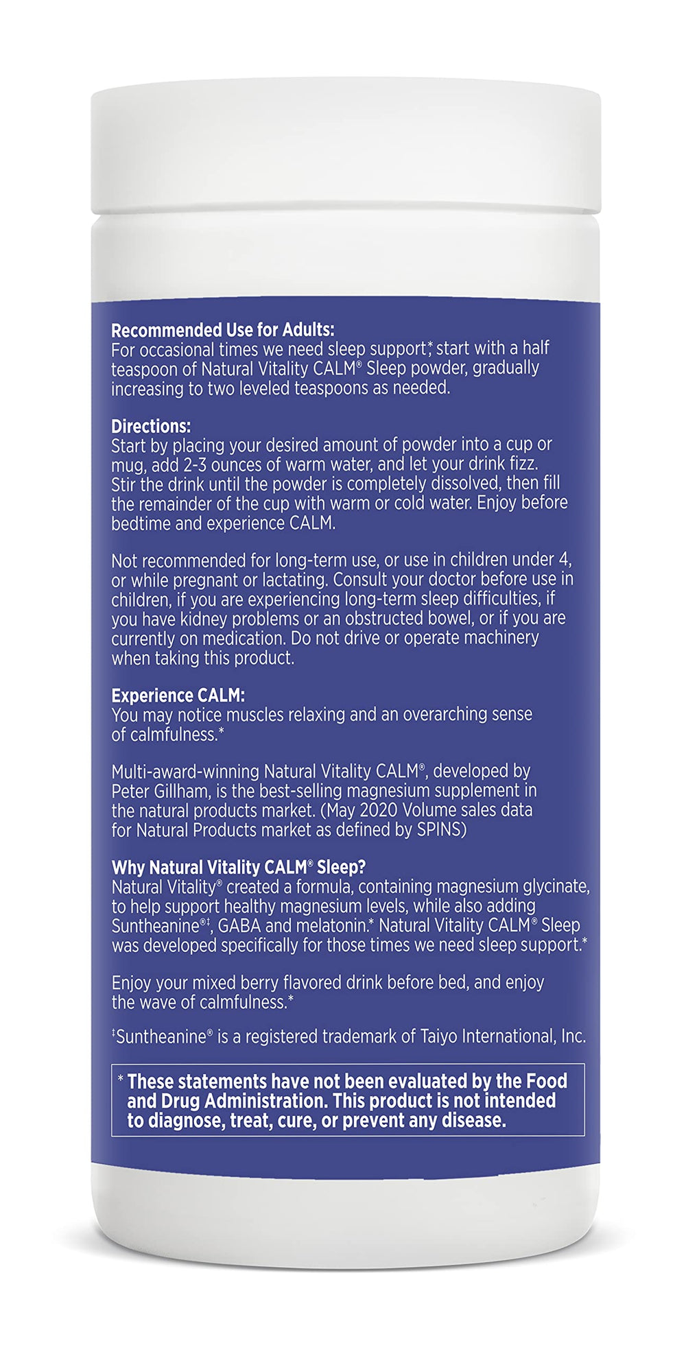 Close-up of Calmful Sleep ingredients magnesium glycinate L-theanine GABA melatonin