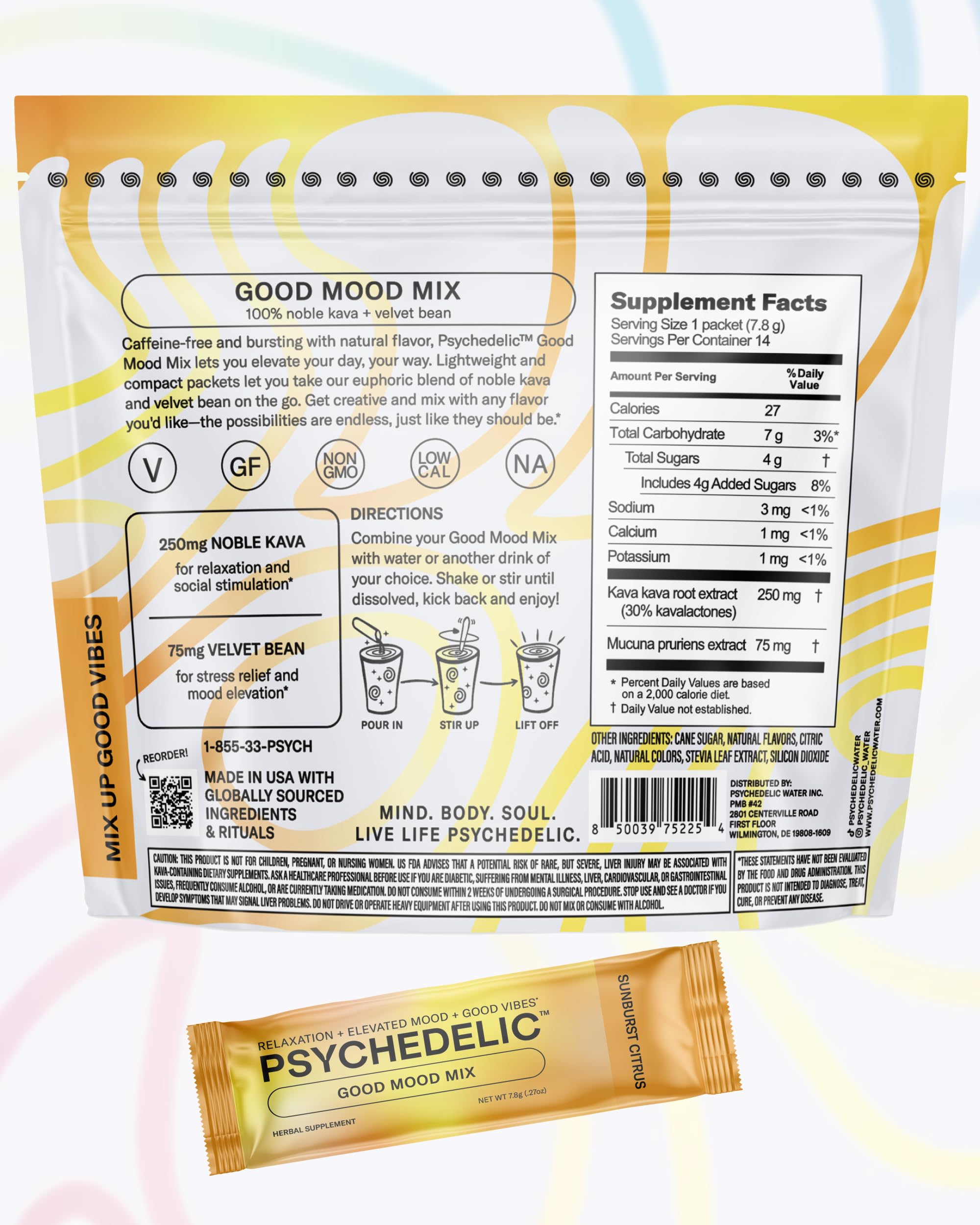 Package showing 14 sticks of Calming Kava Drink Mix
