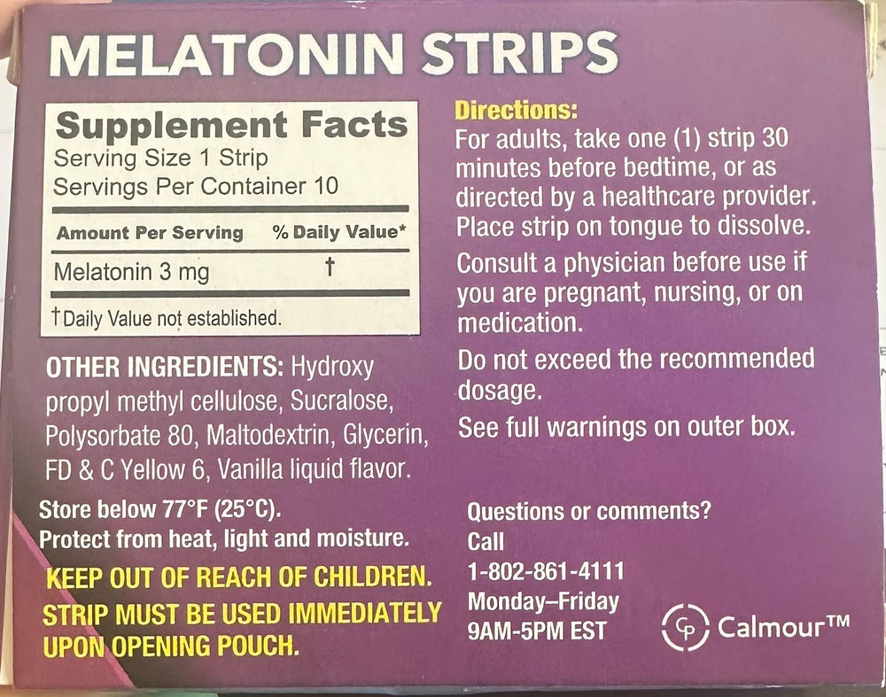 CALMOUR 10 melatonin 3mg sleep strip with packaging