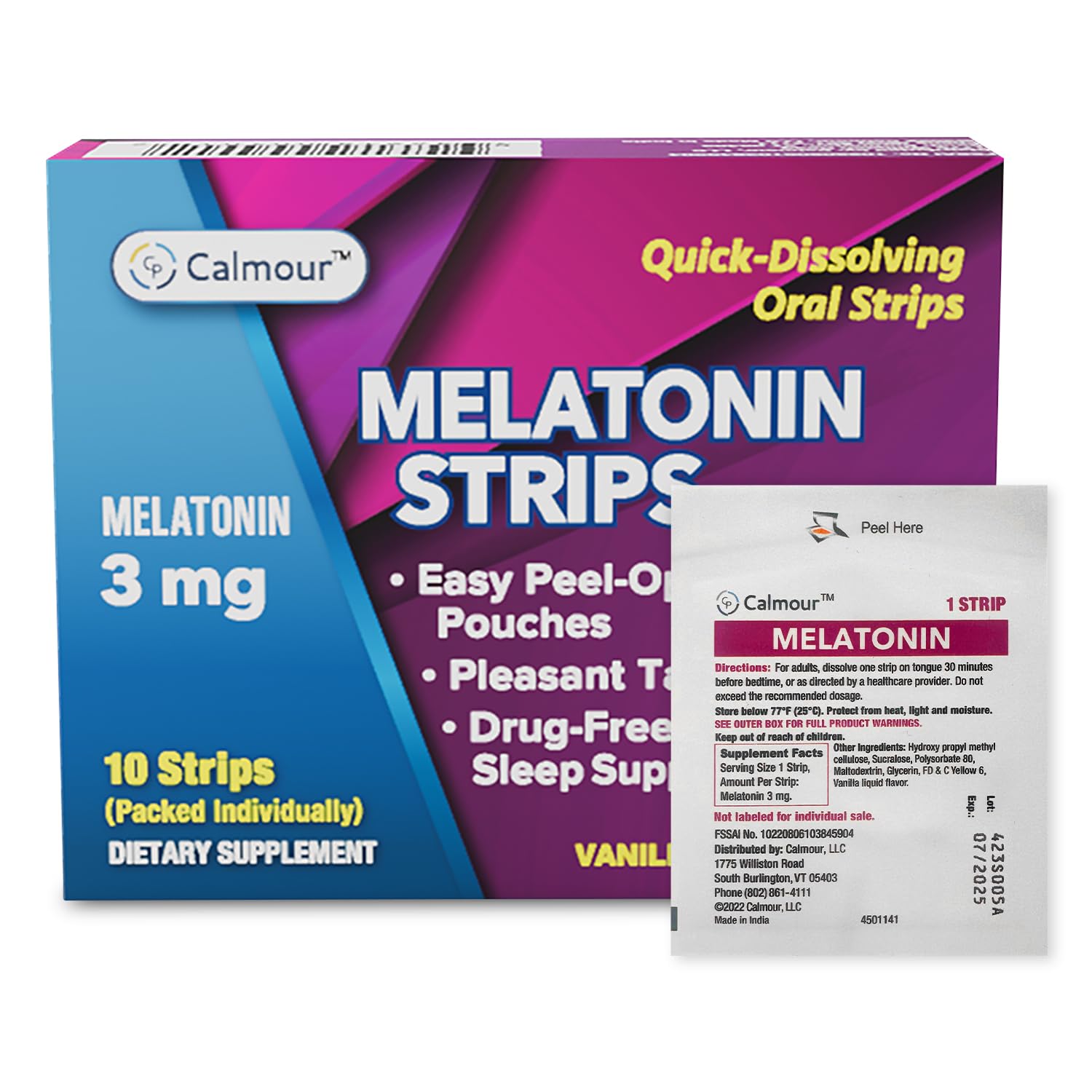 CALMOUR 10 oral sleep strips hero image on white background