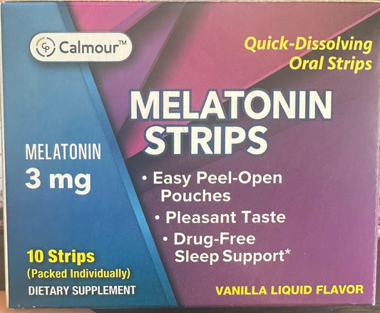 Close-up of CALMOUR 10 quick-dissolving melatonin strip