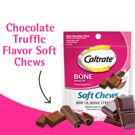 Back of Caltrate 600+D3 Soft Chews Chocolate Truffle 60-count package