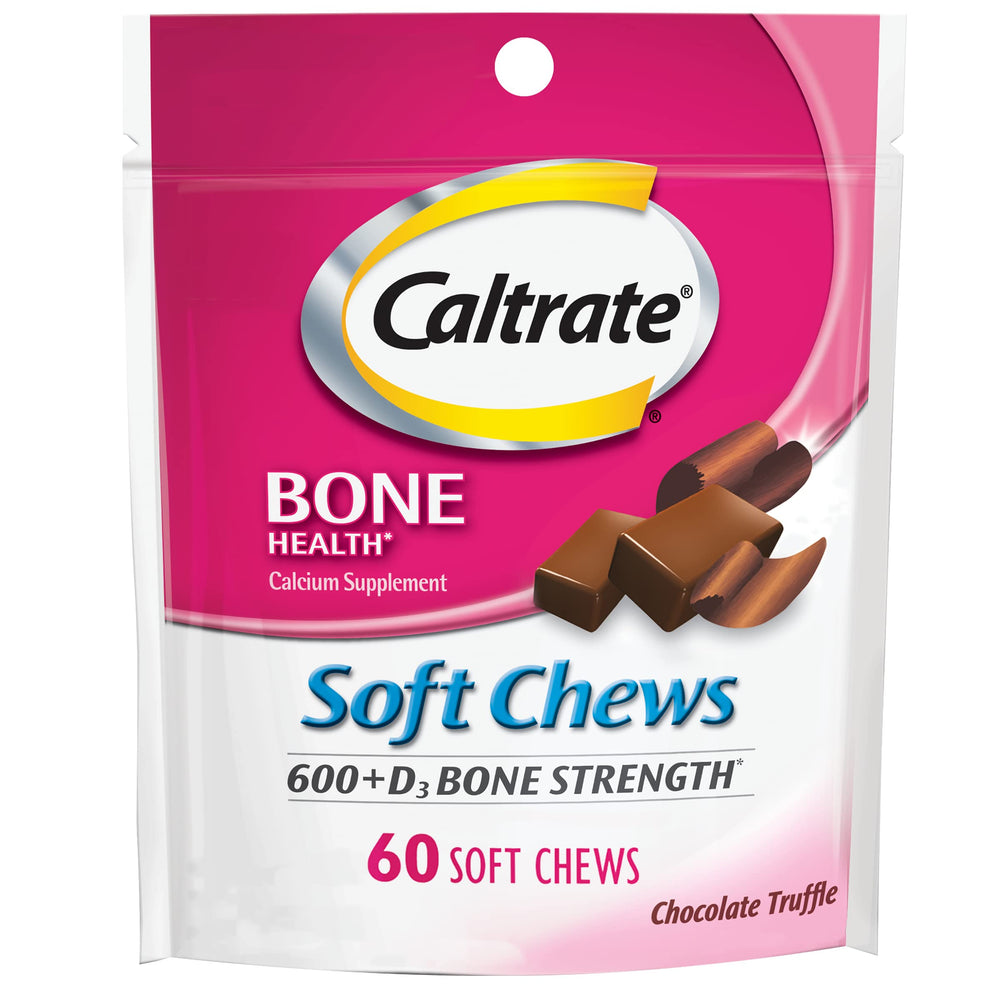 Front view of Caltrate 600+D3 Soft Chews Chocolate Truffle 60-count package