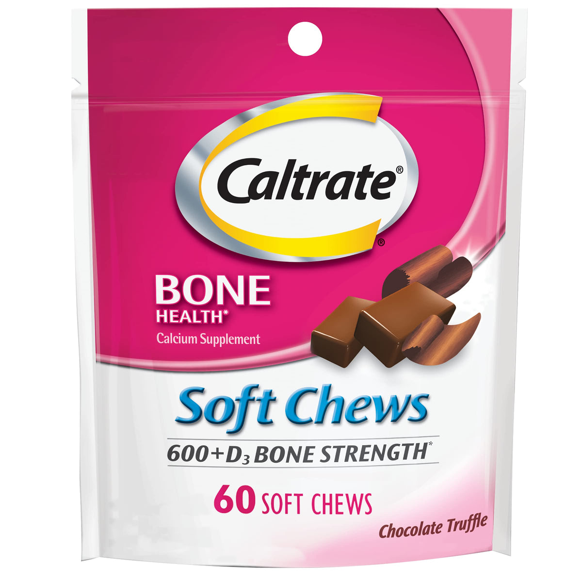 Front view of Caltrate 600+D3 Soft Chews Chocolate Truffle 60-count package