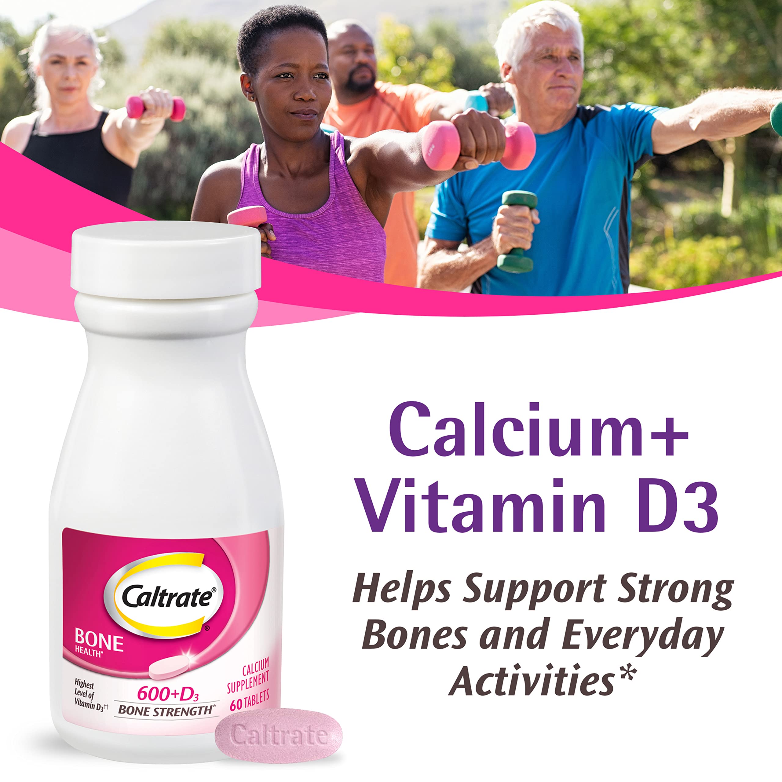 Caltrate 600 Plus D3 tablet showing calcium and vitamin D3 per tablet
